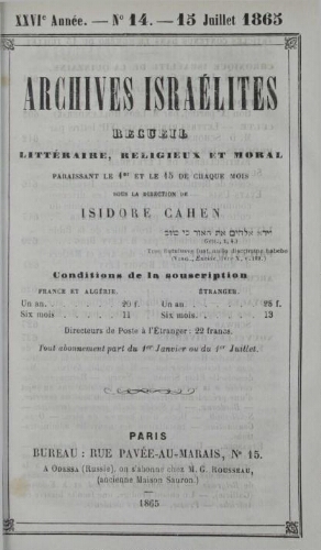 Archives israélites de France. Vol.26 N°14 (15 juil. 1865)